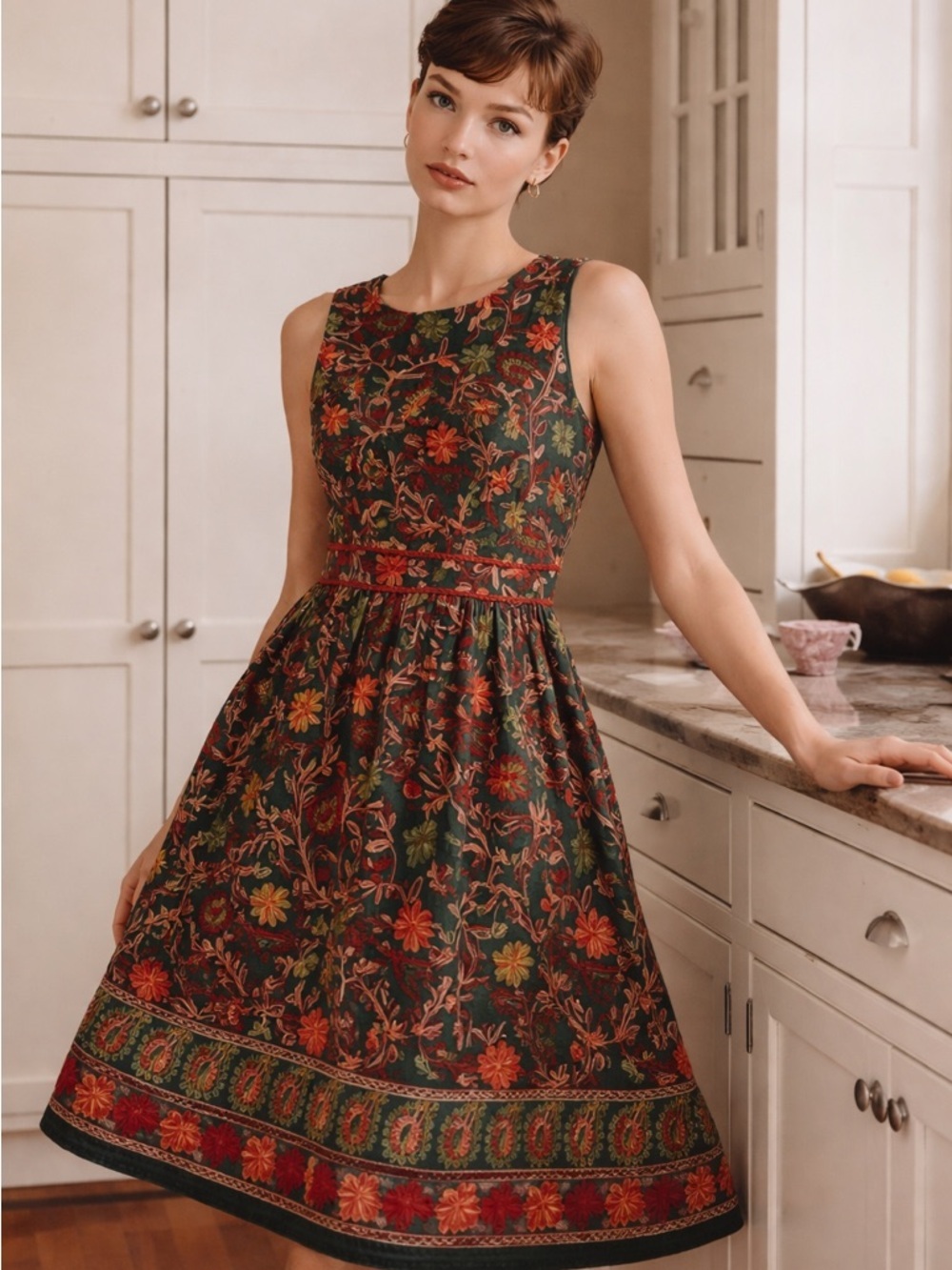 Anthropologie Adelyn Rae Needlepoint Embroidered‎ Fit Flare Dress Green XS